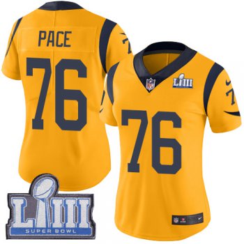 #76 Limited Orlando Pace Gold Nike NFL Women's Jersey Los Angeles Rams Rush Vapor Untouchable Super Bowl LIII Bound