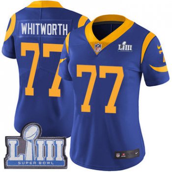 #77 Limited Andrew Whitworth Royal Blue Nike NFL Alternate Women's Jersey Los Angeles Rams Vapor Untouchable Super Bowl LIII Bound