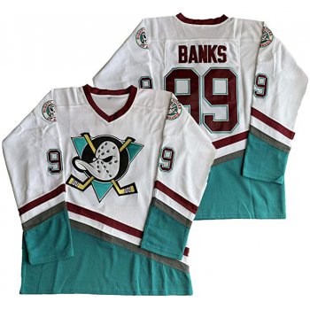 Men's Anaheim Ducks #99 Adam Banks Mighty Ducks 1995-96 Mighty Movie White Green Jersey