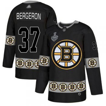 Men's Boston Bruins #37 Patrice Bergeron Black Authentic Team Logo Fashion 2019 Stanley Cup Final Bound Stitched Hockey Jersey