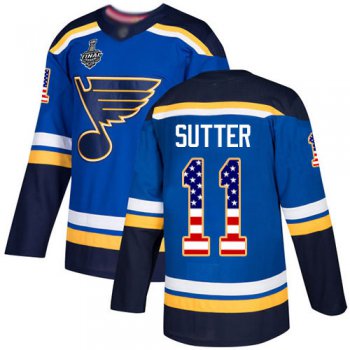 Men's St. Louis Blues #11 Brian Sutter Blue Home Authentic USA Flag 2019 Stanley Cup Final Bound Stitched Hockey Jersey