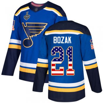 Men's St. Louis Blues #21 Tyler Bozak Blue Home Authentic USA Flag 2019 Stanley Cup Final Bound Stitched Hockey Jersey