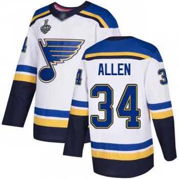 Men's St. Louis Blues #34 Jake Allen White Road Authentic 2019 Stanley Cup Final Bound Stitched Hockey Jersey