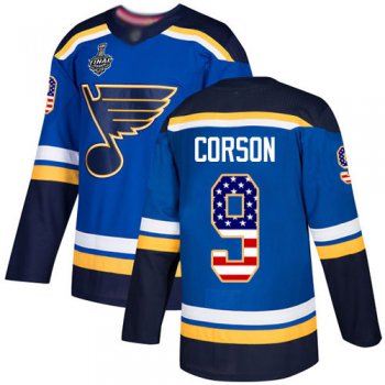 Men's St. Louis Blues #9 Shayne Corson Blue Home Authentic USA Flag 2019 Stanley Cup Final Bound Stitched Hockey Jersey