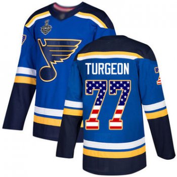 Men's St. Louis Blues #77 Pierre Turgeon Blue Home Authentic USA Flag 2019 Stanley Cup Final Bound Stitched Hockey Jersey