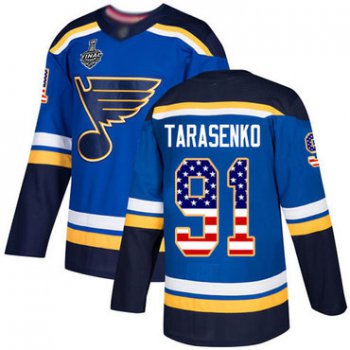 Men's St. Louis Blues #91 Vladimir Tarasenko Blue Home Authentic USA Flag 2019 Stanley Cup Final Bound Stitched Hockey Jersey
