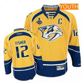 Youth Nashville Predators #12 Mike Fisher Yellow 2017 Stanley Cup Finals C Patch Stitched NHL Reebok Hockey Jersey