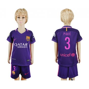 2016-17 Barcelona #3 PIQUE Away Soccer Youth Purple Shirt Kit