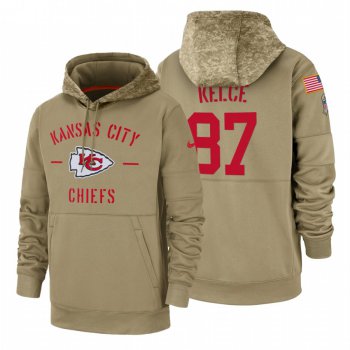 Kansas City Chiefs #87 Travis Kelce Nike Tan 2019 Salute To Service Name & Number Sideline Therma Pullover Hoodie