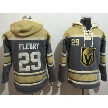 Men's Vegas Golden Knights #29 Marc-Andre Fleury Grey Gold Name & Number Pullover NHL Hoodie