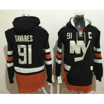 Men's New York Islanders #91 John Tavares NEW Black Stitched NHL Old Tim Hockey Hoodie