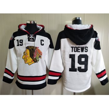 Men's Chicago Blackhawks #19 Jonathan Toews White Ageless Must Have Lace Up Pullover Hoodie