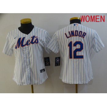 Women New York Mets 12 Lindor White stripe Game 2021 Nike MLB Jersey