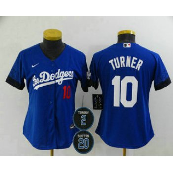 Women's Los Angeles Dodgers #10 Justin Turner Blue #2 #20 Patch City Connect Number Cool Base Stitched Jersey