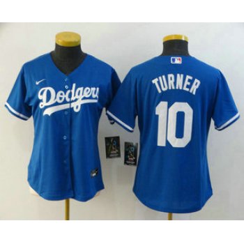 Women's Los Angeles Dodgers #10 Justin Turner Blue Stitched MLB Cool Base Nike Jersey