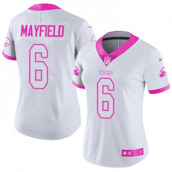 Nike Browns #6 Baker Mayfield White Pink Women's Stitched NFL Limited Rush Fashion Jersey