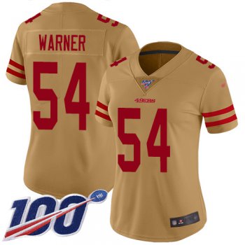 Women's San Francisco 49ers #54 Fred Warner Limited Gold Inverted Legend 100th Season Football Jersey