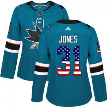 Adidas San Jose Sharks #31 Martin Jones Teal Home Authentic USA Flag Women's Stitched NHL Jersey
