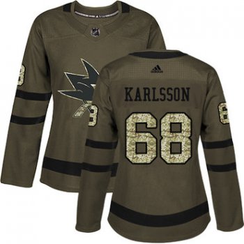 Adidas San Jose Sharks #68 Melker Karlsson Green Salute to Service Women's Stitched NHL Jersey