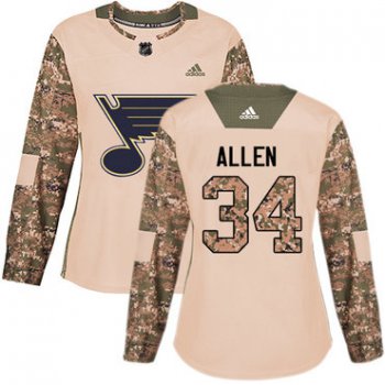 Adidas St.Louis Blues #34 Jake Allen Camo Authentic 2017 Veterans Day Women's Stitched NHL Jersey