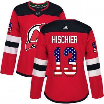 Adidas New Jersey Devils #13 Nico Hischier Red Home Authentic USA Flag Women's Stitched NHL Jersey