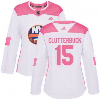 Adidas New York Islanders #15 Cal Clutterbuck White Pink Authentic Fashion Women's Stitched NHL Jersey