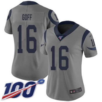 Nike Rams #16 Jared Goff Gray Women's Stitched NFL Limited Inverted Legend 100th Season Jersey