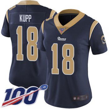 Nike Rams #18 Cooper Kupp Navy Blue Team Color Women's Stitched NFL 100th Season Vapor Limited Jersey
