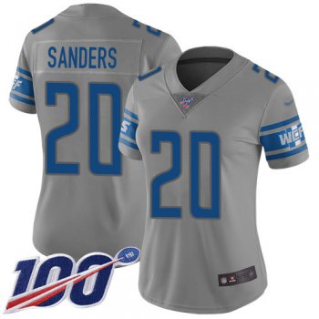 Nike Lions #20 Barry Sanders Gray Women's Stitched NFL Limited Inverted Legend 100th Season Jersey