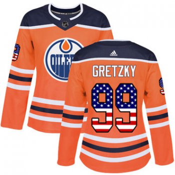 Adidas Edmonton Oilers #99 Wayne Gretzky Orange Home Authentic USA Flag Women's Stitched NHL Jersey