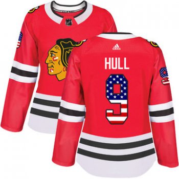 Adidas Chicago Blackhawks #9 Bobby Hull Red Home Authentic USA Flag Women's Stitched NHL Jersey