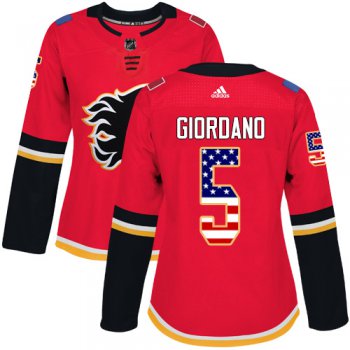 Adidas Calgary Flames #5 Mark Giordano Red Home Authentic USA Flag Women's Stitched NHL Jersey