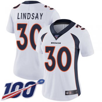 Nike Broncos #30 Phillip Lindsay White Women's Stitched NFL 100th Season Vapor Limited Jersey