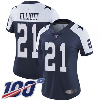 Nike Cowboys #21 Ezekiel Elliott Navy Blue Thanksgiving Women's Stitched NFL 100th Season Vapor Throwback Limited Jersey