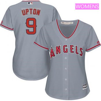 Women's Los Angeles Angels #9 Justin Upton Gray Road Stitched MLB Majestic Cool Base Jersey