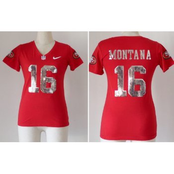 Nike San Francisco 49ers #16 Joe Montana Handwork Sequin Lettering Fashion Red Womens Jersey