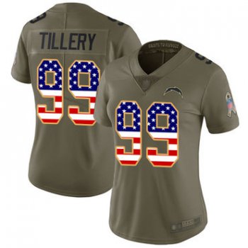 Chargers #99 Jerry Tillery Olive USA Flag Women's Stitched Football Limited 2017 Salute to Service Jersey
