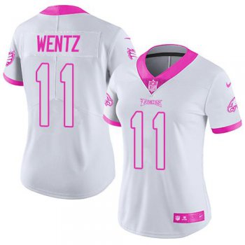 Nike Eagles #11 Carson Wentz White Pink Women's Stitched NFL Limited Rush Fashion Jersey