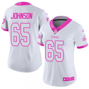 Nike Eagles #65 Lane Johnson White Pink Women's Stitched NFL Limited Rush Fashion Jersey
