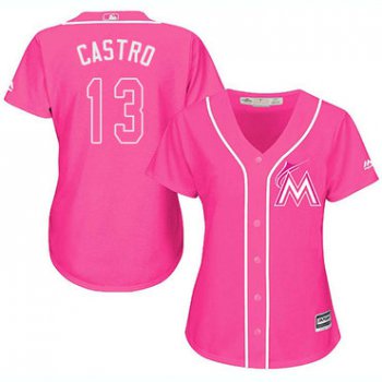 Marlins #13 Starlin Castro Pink Fashion Women's Stitched Baseball Jersey