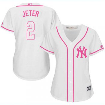 Yankees #2 Derek Jeter White Pink Fashion Women's Stitched Baseball Jersey