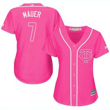 Twins #7 Joe Mauer Pink Fashion Women's Stitched Baseball Jersey