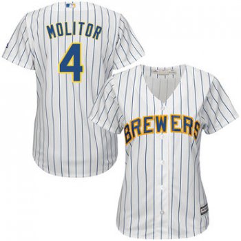 Brewers #4 Paul Molitor White Strip Home Women's Stitched Baseball Jersey