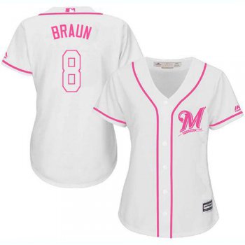 Brewers #8 Ryan Braun White Pink Fashion Women's Stitched Baseball Jersey