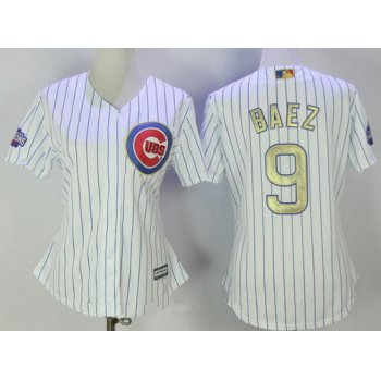 Women's Chicago Cubs #9 Javier Baez White World Series Champions Gold Stitched MLB Majestic 2017 Cool Base Jersey