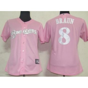 Milwaukee Brewers #8 Braun Pink With White Womens Jersey