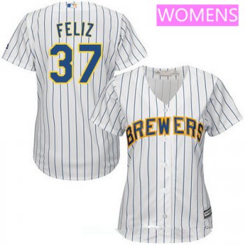 Women's Milwaukee Brewers #37 Neftali Feliz White Pinstripe Home Stitched MLB Majestic Cool Base Jersey
