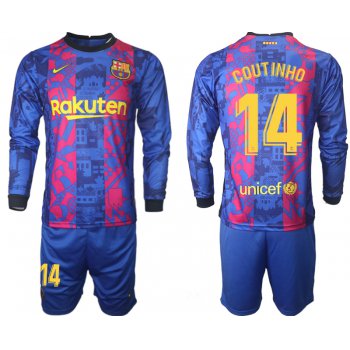 Men 2021-2022 Club Barcelona Second away blue Long Sleeve 14 Soccer Jerseys