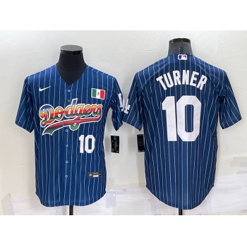 Men's Los Angeles Dodgers #10 Justin Turner Number Rainbow Blue Red Pinstripe Mexico Cool Base Nike Jersey