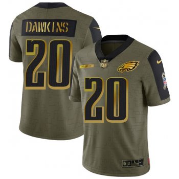 Men's Olive Philadelphia Eagles #20 Brian Dawkins 2021 Camo Salute To Service Golden Limited Stitched Jersey